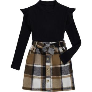 imageFloerns Girls 2 Piece Outfit Ruffle Trim Long Sleeve T Shirt and Short Skirt SetBlack Brown Plaid