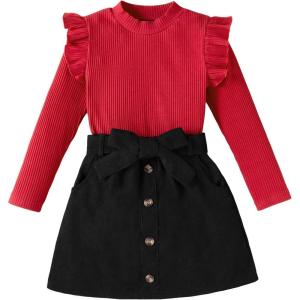 imageFloerns Girls 2 Piece Outfit Ruffle Trim Long Sleeve T Shirt and Short Skirt SetBlack Ink Red