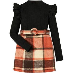 imageFloerns Girls 2 Piece Outfit Ruffle Trim Long Sleeve T Shirt and Short Skirt SetBlack Orange Multi