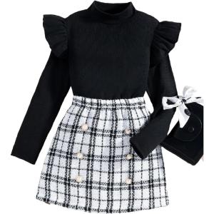imageFloerns Girls 2 Piece Outfit Ruffle Trim Long Sleeve T Shirt and Short Skirt SetBlack White Ivory