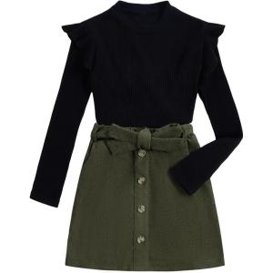 imageFloerns Girls 2 Piece Outfit Ruffle Trim Long Sleeve T Shirt and Short Skirt SetBlack and Green