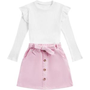 imageFloerns Girls 2 Piece Outfit Ruffle Trim Long Sleeve T Shirt and Short Skirt SetBlack and Light Pink