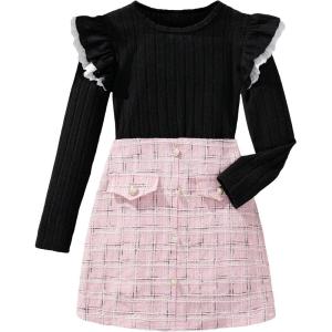 imageFloerns Girls 2 Piece Outfit Ruffle Trim Long Sleeve T Shirt and Short Skirt SetBlack and Pink Plaid