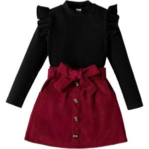 imageFloerns Girls 2 Piece Outfit Ruffle Trim Long Sleeve T Shirt and Short Skirt SetBlack and Red