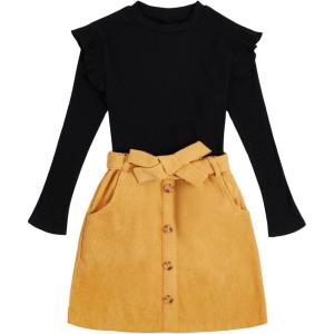 imageFloerns Girls 2 Piece Outfit Ruffle Trim Long Sleeve T Shirt and Short Skirt SetBlack and Yellow