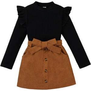 imageFloerns Girls 2 Piece Outfit Ruffle Trim Long Sleeve T Shirt and Short Skirt SetBrown Black