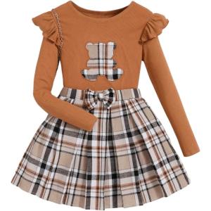 imageFloerns Girls 2 Piece Outfit Ruffle Trim Long Sleeve T Shirt and Short Skirt SetBrown Plaid