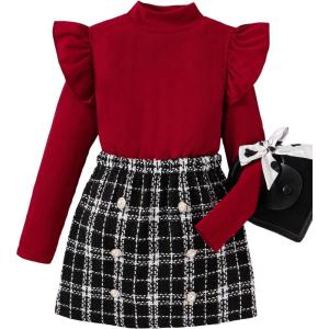 imageFloerns Girls 2 Piece Outfit Ruffle Trim Long Sleeve T Shirt and Short Skirt SetBurgundy Black Plaid