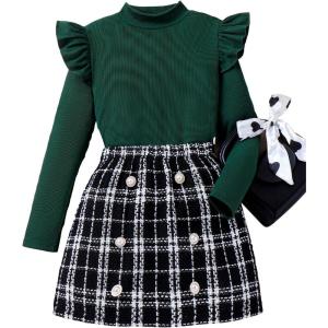 imageFloerns Girls 2 Piece Outfit Ruffle Trim Long Sleeve T Shirt and Short Skirt SetDark Green Black