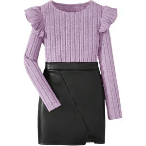 imageFloerns Girls 2 Piece Outfit Ruffle Trim Long Sleeve T Shirt and Short Skirt SetDusty Purple