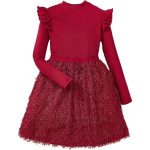 imageFloerns Girls 2 Piece Outfit Ruffle Trim Long Sleeve T Shirt and Short Skirt SetHot Red