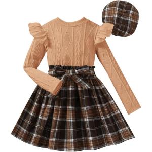 imageFloerns Girls 2 Piece Outfit Ruffle Trim Long Sleeve T Shirt and Short Skirt SetKhaki Brown With Hat