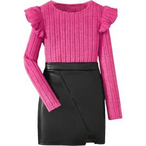 imageFloerns Girls 2 Piece Outfit Ruffle Trim Long Sleeve T Shirt and Short Skirt SetPink and Black