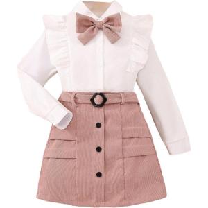 imageFloerns Girls 2 Piece Outfit Ruffle Trim Long Sleeve T Shirt and Short Skirt SetPink and White