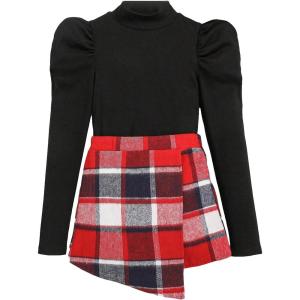 imageFloerns Girls 2 Piece Outfit Ruffle Trim Long Sleeve T Shirt and Short Skirt SetRed Black Multi