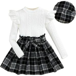 imageFloerns Girls 2 Piece Outfit Ruffle Trim Long Sleeve T Shirt and Short Skirt SetWhite Black With Hat