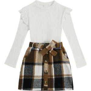 imageFloerns Girls 2 Piece Outfit Ruffle Trim Long Sleeve T Shirt and Short Skirt SetWhite Brown Plaid