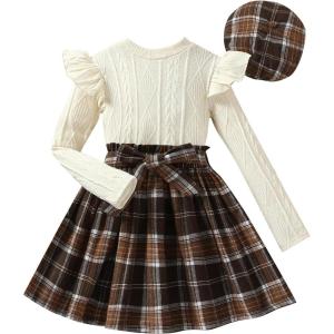 imageFloerns Girls 2 Piece Outfit Ruffle Trim Long Sleeve T Shirt and Short Skirt SetWhite Brown With Hat