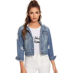 imageFloerns Womens Casual Drop Shoulder Ripped Crop Denim Jean JacketA Blue