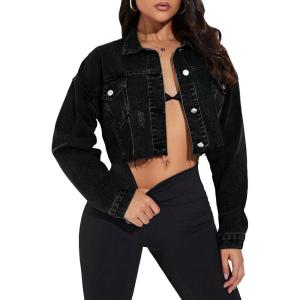 imageFloerns Womens Casual Drop Shoulder Ripped Crop Denim Jean JacketBlack Dull