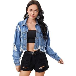 imageFloerns Womens Casual Drop Shoulder Ripped Crop Denim Jean JacketBlue a