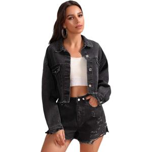 imageFloerns Womens Casual Drop Shoulder Ripped Crop Denim Jean JacketDark Grey Black