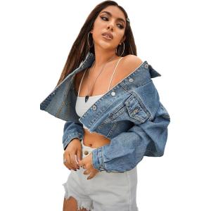 imageFloerns Womens Casual Drop Shoulder Ripped Crop Denim Jean JacketDeep Blue