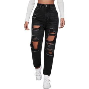 imageFloerns Womens High Waist Boyfriend Straight Leg Ripped Jeans Distressed Denim Pants GreyBlack Solid