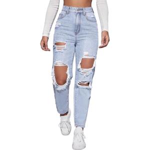 imageFloerns Womens High Waist Boyfriend Straight Leg Ripped Jeans Distressed Denim Pants GreyIce Blue