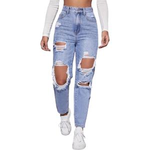 imageFloerns Womens High Waist Boyfriend Straight Leg Ripped Jeans Distressed Denim Pants GreyLight Blue
