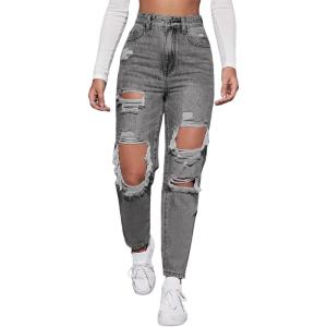 imageFloerns Womens High Waist Boyfriend Straight Leg Ripped Jeans Distressed Denim Pants GreyLight Grey Black