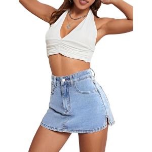 imageFloerns Womens High Waist Zipper Button Denim Shorts Jean Skort with PocketsLight Wash