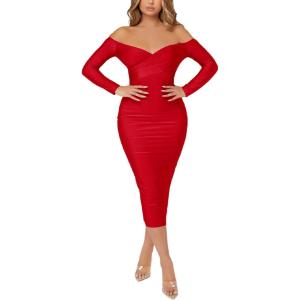 imageFloerns Womens Off Shoulder Long Sleeve Wrap Party Club Bodycon Long DressAgate Red