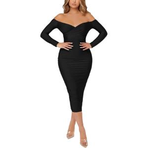 imageFloerns Womens Off Shoulder Long Sleeve Wrap Party Club Bodycon Long DressBlack