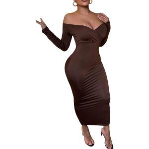 imageFloerns Womens Off Shoulder Long Sleeve Wrap Party Club Bodycon Long DressChocolate Brown