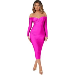 imageFloerns Womens Off Shoulder Long Sleeve Wrap Party Club Bodycon Long DressHot Pink