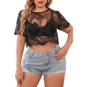 imageFloerns Womens Plus Size Sheer Mesh Short Sleeve Crop Top T Shirt without BraBlack