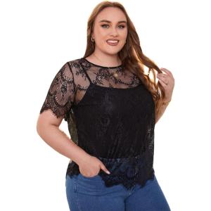 imageFloerns Womens Plus Size Sheer Mesh Short Sleeve Crop Top T Shirt without BraBlack Plain