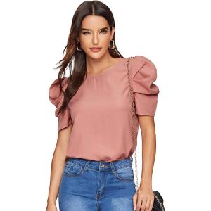 imageFloerns Womens Round Neck Short Puff Sleeve Keyhole Back Blouse TopsB Pink