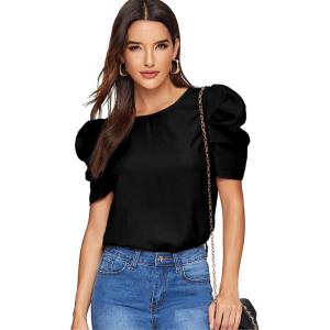 imageFloerns Womens Round Neck Short Puff Sleeve Keyhole Back Blouse TopsBlack a