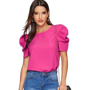 imageFloerns Womens Round Neck Short Puff Sleeve Keyhole Back Blouse TopsBright Pink a