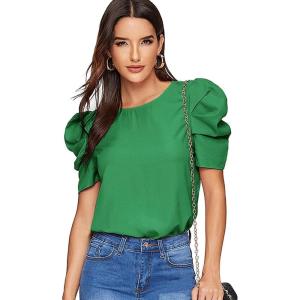 imageFloerns Womens Round Neck Short Puff Sleeve Keyhole Back Blouse TopsGreen a