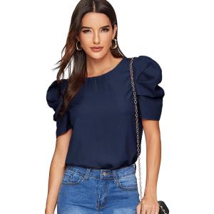 imageFloerns Womens Round Neck Short Puff Sleeve Keyhole Back Blouse TopsNavy Blue