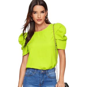 imageFloerns Womens Round Neck Short Puff Sleeve Keyhole Back Blouse TopsNeon Green a
