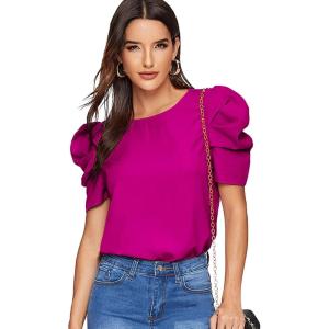 imageFloerns Womens Round Neck Short Puff Sleeve Keyhole Back Blouse TopsRed Violet