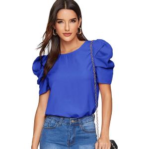 imageFloerns Womens Round Neck Short Puff Sleeve Keyhole Back Blouse TopsRoyal Blue