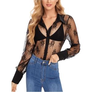imageFloerns Womens Sheer Lace Button Down Long Sleeve Floral Blouse Shirt TopsBlack