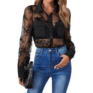 imageFloerns Womens Sheer Lace Button Down Long Sleeve Floral Blouse Shirt TopsBlack Sheer