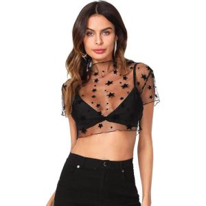 imageFloerns Womens Sheer See Through Mock Neck Star Pattern Mesh Blouse Tops without BraA Black