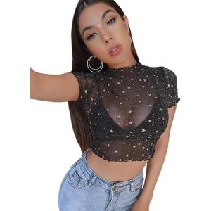 imageFloerns Womens Sheer See Through Mock Neck Star Pattern Mesh Blouse Tops without BraBlack Galaxy